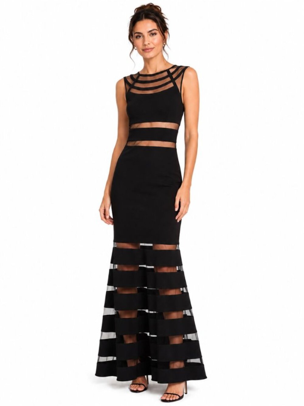 Betsy & Adam Womens Black Illusion Gown Maxi Dress Mesh Statement Sexy Size 10